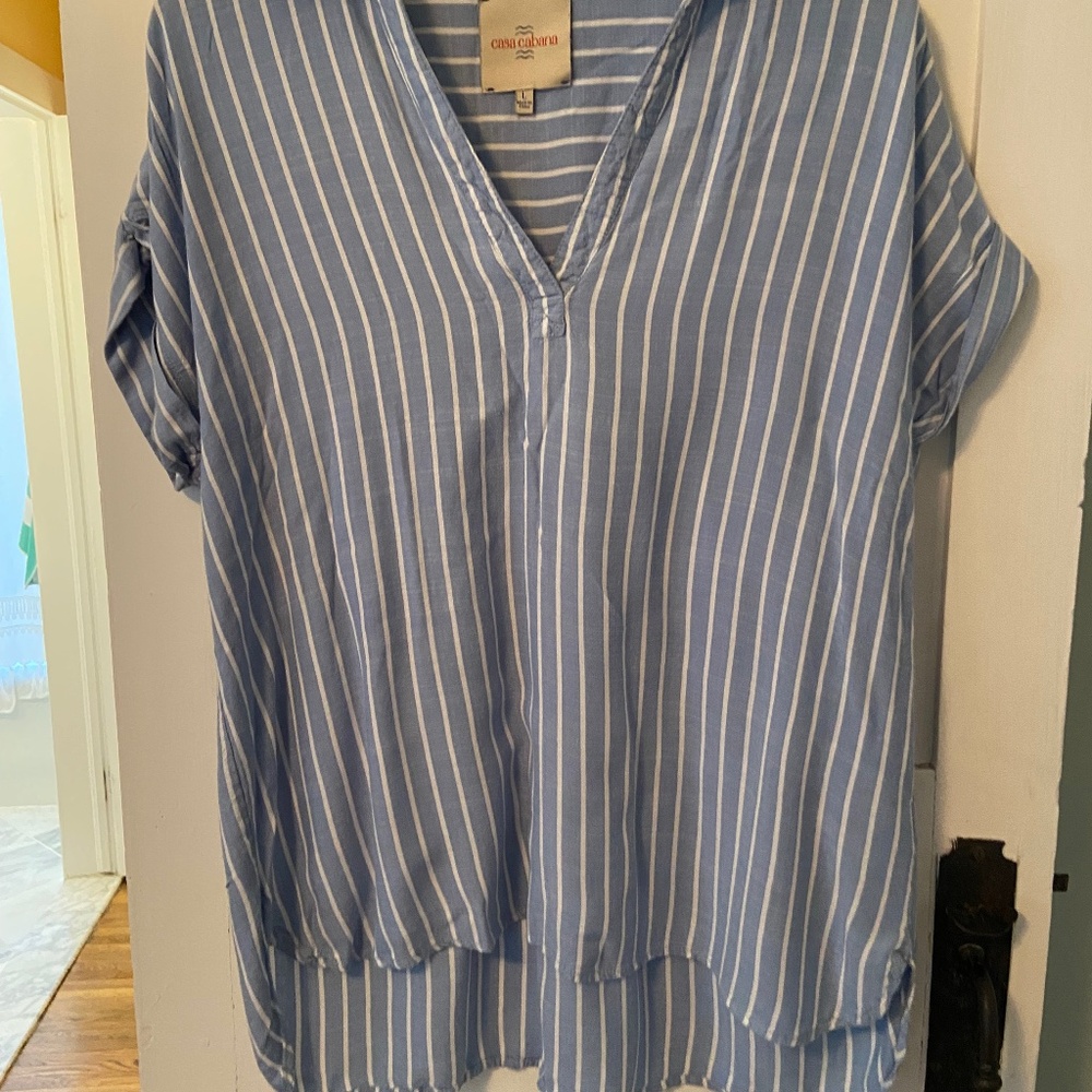 Casa Cabana - Blue White Striped Blouse.- L - Large